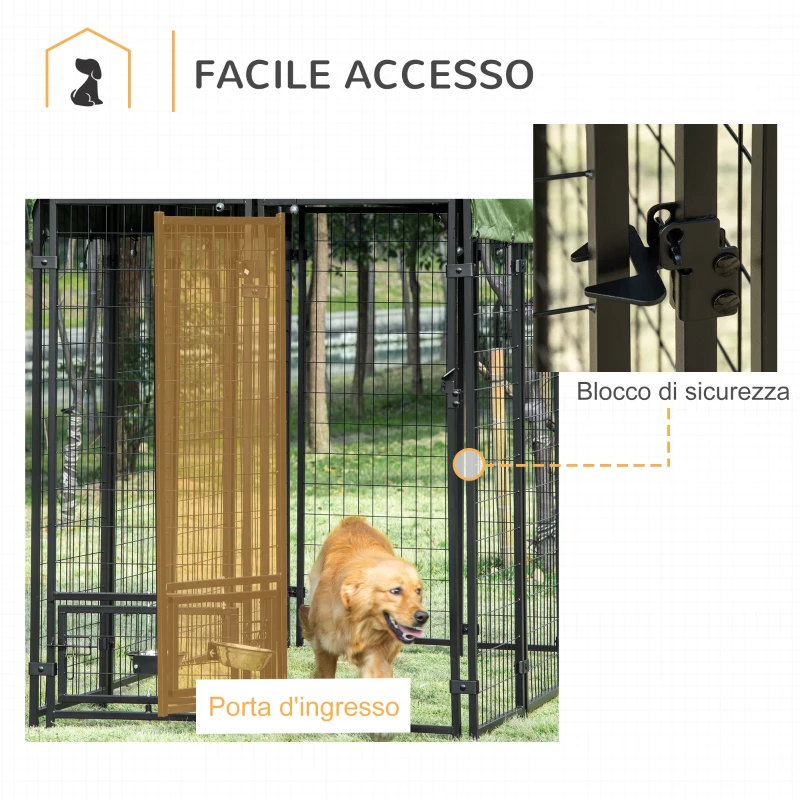 PawHut Kennel per Cani in Acciaio per Interni ed Esterni con Tettuccio in Tessuto Oxford e 2 Ciotole, 244x122x183 cm