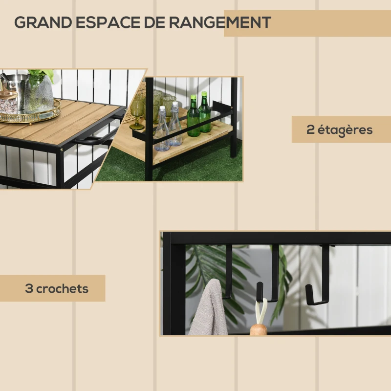 Outsunny Desserte de jardin chariot pour plancha en bois et métal 2 étagères 3 crochets 107 x 65 x 80 cm noir naturel