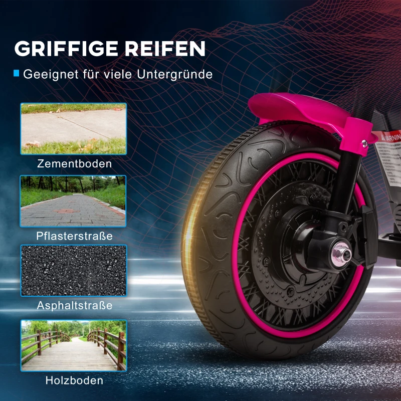HOMCOM Elektro-Kindermotorrad mit Stützrädern, Scheinwerfer, 1,5 bis 3 km/h, für Kinder 1,5 bis 3 Jahren, pink