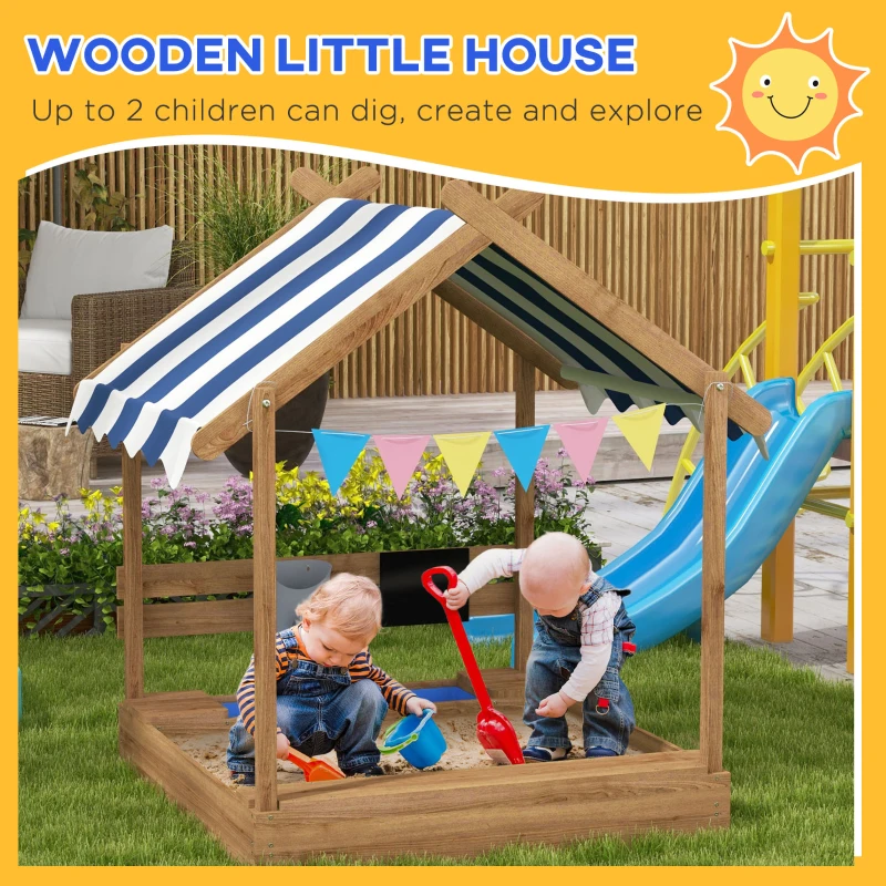 Outsunny House-Designed Wooden Sandbox, Outdoor Sandpit, with Blackboard, Toys, Sink, Seats, Flags, for Ages 3-7 Years - Brown
