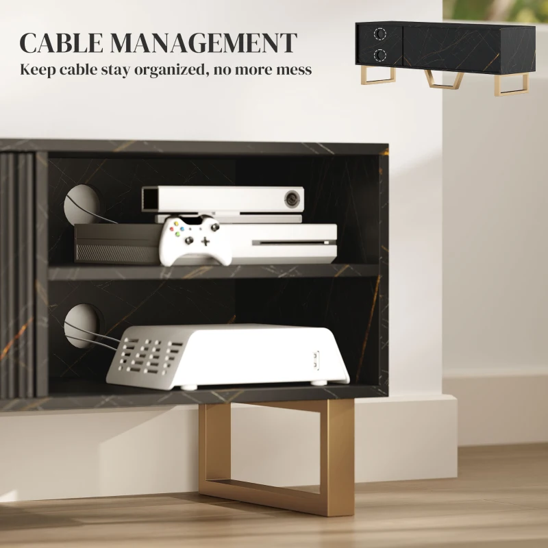 HOMCOM Marble Effect TV Unit, TV Stand Cabinet for up to 70" TVs, Modern TV Cabinet with Shelves and Storage Cupboard, Fluted Door, Extra Centre Leg, Cable Management for Living Room, Black