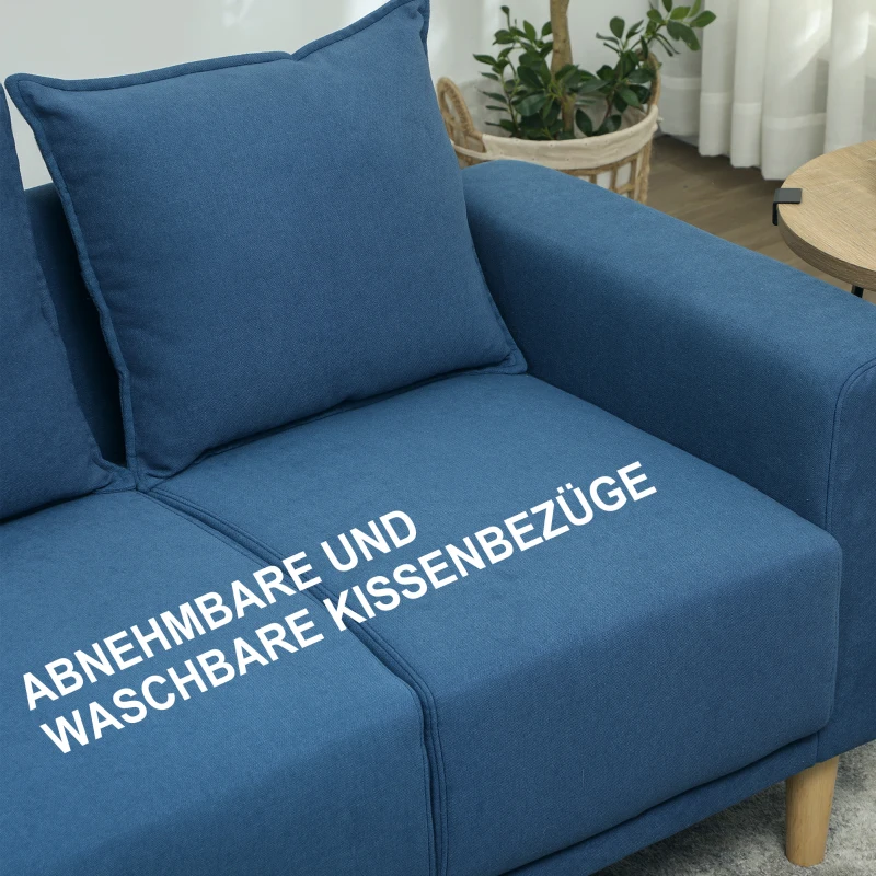 HOMCOM Zweisitzer-Sofa, moderne Stoffcouch, 2 Rückenkissen, Eukalyptus-Holzrahmen, 133 x 73 x 81 cm, Blau