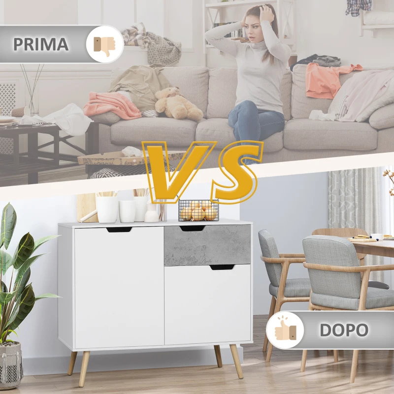 HOMCOM Mobile da Salotto con 2 Armadietti a 2 Ante e Cassetto in Truciolato e Pino, 98x39x81.5 cm, Grigio e Bianco