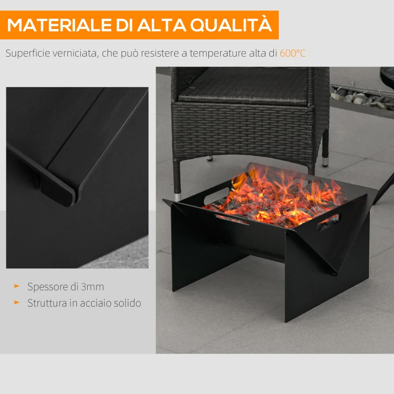 Outsunny Braciere da Giardino in Acciaio Quadrato con Maniglie, 50x45x30cm, Nero