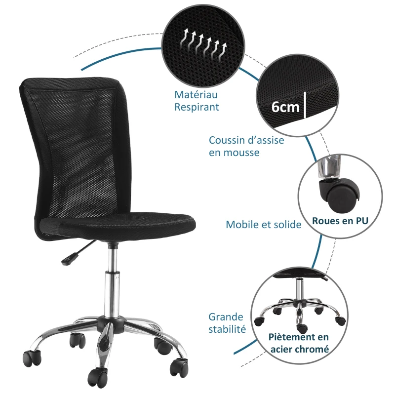 Vinsetto Chaise de bureau ergonomique fauteuil de bureau hauteur réglable piètement chromé pivotant 360° revêtement maille noir