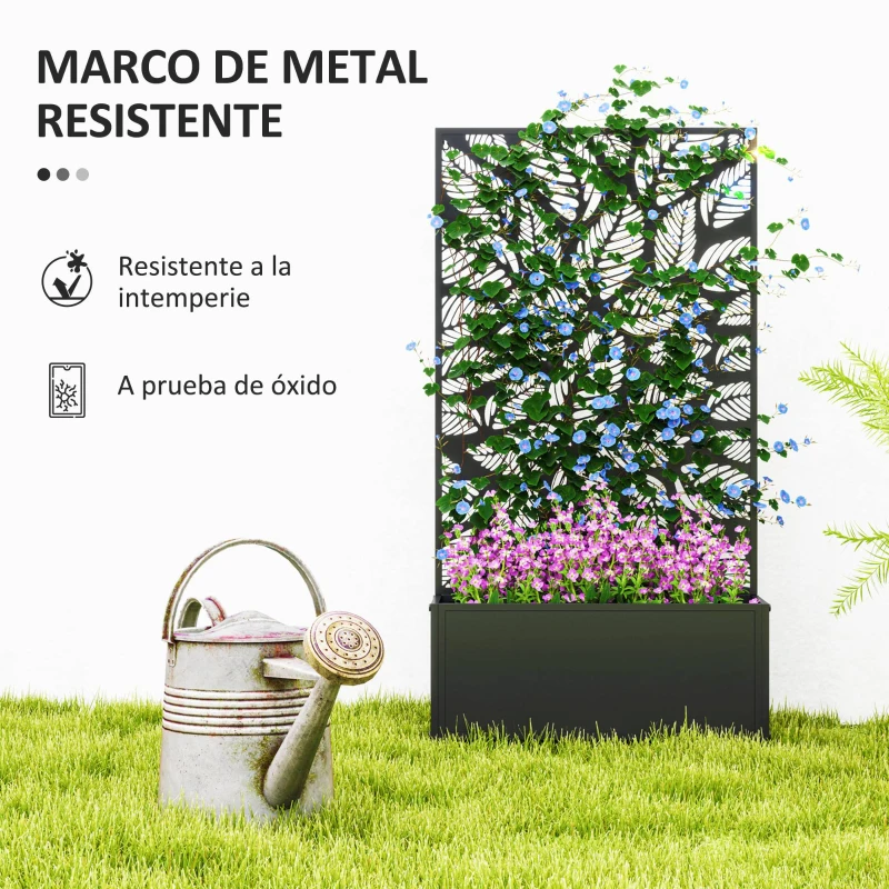 Outsunny Jardinera Elevada con Panel de Privacidad de Hojas Decorativas de Metal y Opción de Montaje en Pared 61x23x113 cm Negro
