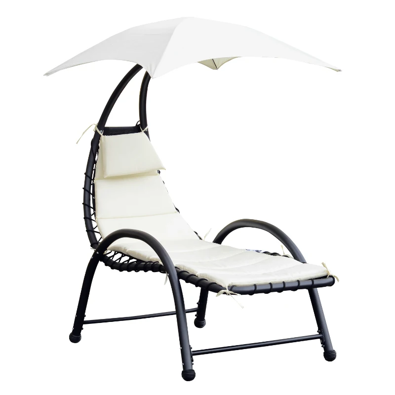Outsunny Bain de Soleil transat de jardin chaise longue Design Contemporain - Pare-Soleil et Matelas - Acier Polyester - dim. 1,7L x 1,18l x 1,77H m - écru Noir