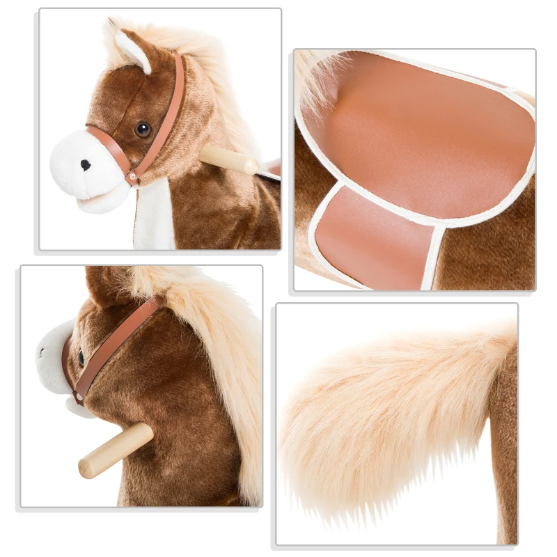 HOMCOM Cheval à Bascule Cheval de Cowboy Selle Grand Confort pour Enfants de 36+Mois Peluche Courte Douce Bois peuplier Charge 40 Kg Marron