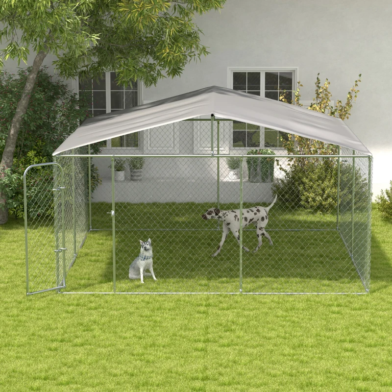 PawHut Perrera de Exterior con Toldo Anti-UV Impermeable Puerta con Pestillo y Marco de Metal Galvanizado 4x4x2,3 m Plata