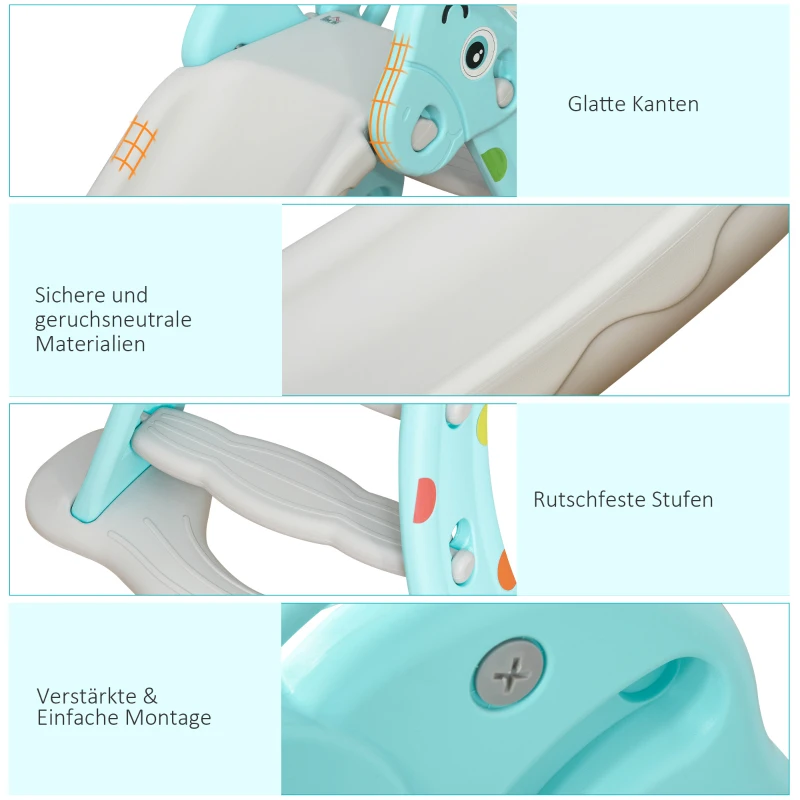 HOMCOM Kinderrutsche mit Basketballkorb faltbare Spielzeugrutsche mit verlängerter Heckkissen Dreiecksstruktur HDPE PP Hellblau+Grau 147 x 82 x 85,5 cm