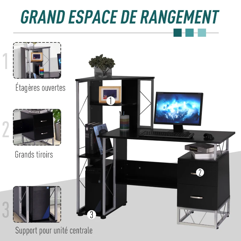 HOMCOM Bureau informatique design industriel 133L x 155l x 123H cm multi-rangements bibliothèque 3 étagères + 2 tiroirs MDF métal MDF noir