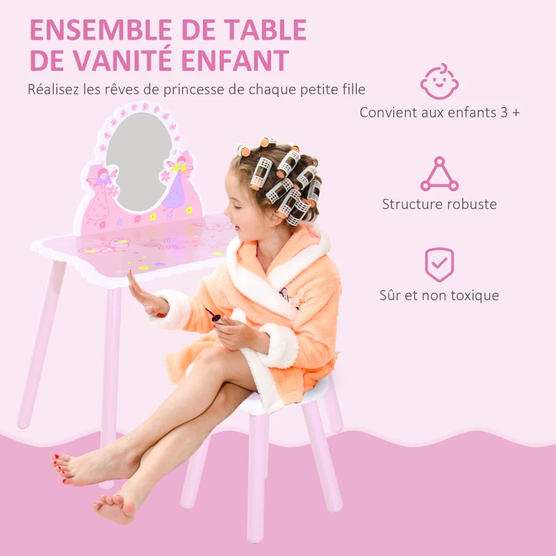 HOMCOM Coiffeuse Enfant - Tabouret Inclus - Table de Maquillage dim. 59L x 39l x 77H cm - Motifs fées, Papillons, Fleurs - Bois de pin, MDF - Rose Blanc