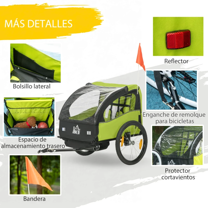 HOMCOM Remolque de Bicicleta para Niños +18 Meses con Cinturón de Seguridad Sistema de Amortiguador 140x88x90 cm Verde