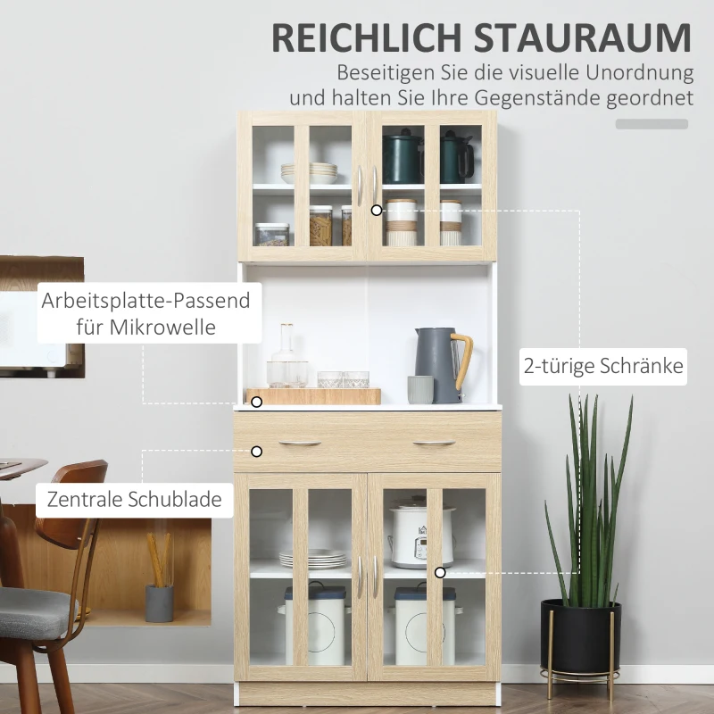 HOMCOM Küchenschrank Hochschrank Küchenbuffet mit Glastüren Geschirrschrank Esszimmerschrank mit 2 Schubladen und 2 Schränken Weiß+Natur 80 x 40 x 180 cm