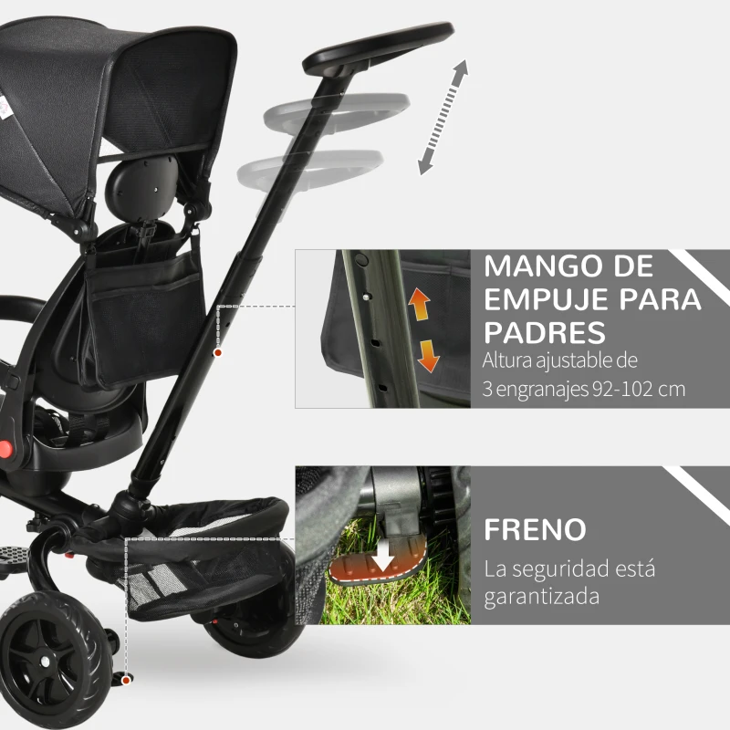 HOMCOM Triciclo Bebé 4 en 1 Bicicleta para Niños 1-5 Años con Asiento Giratorio Capota Ajustable Mango de Empuje Telescópico y Reposapiés Plegable Carga 25 kg 111,5x52x98 cm Negro