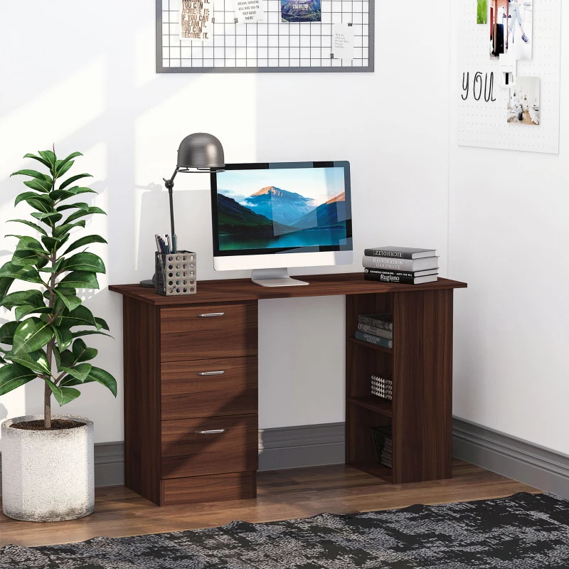 HOMCOM Computer Desk, Writing Table, PC Workstation with 3 Storage Shelves and Drawers, Silver Handle, for Home Office, Walnut