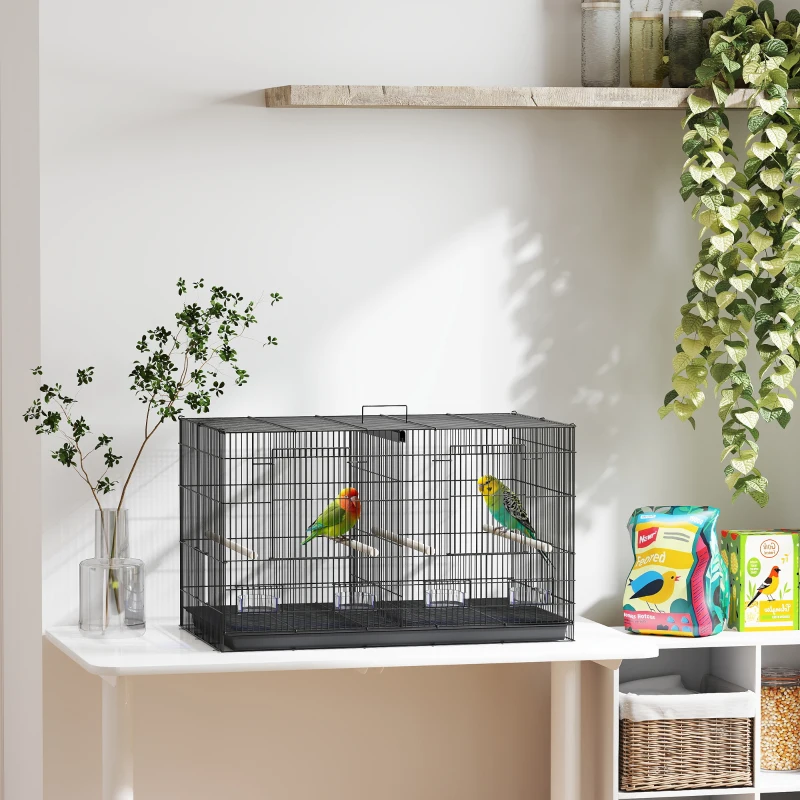 PawHut Bird Cage with Divider, 4 Wooden Perches, Slide Out Tray, 4 Feeders, for Budgie, Lovebird, Canary, 76 x 46 x 46cm, Black