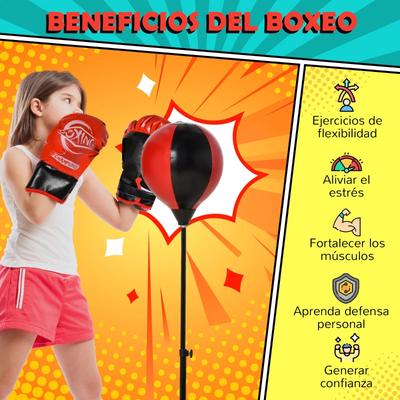 HOMCOM Saco de Boxeo para Niños de +3 Años Altura Ajustable Set de Boxeo Punching Ball con Guantes e Inflador Base Rellenable 33x33x73-109 cm Negro y Rojo