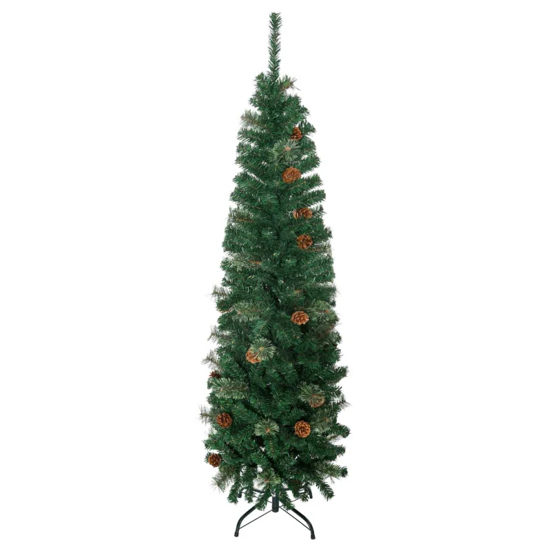 HOMCOM 5.5FT Tall Pencil Slim Artificial Christmas Tree with Realistic Branches, Tip Count and Pine Cones, Pine Needles Tree, Xmas Decoration, Green