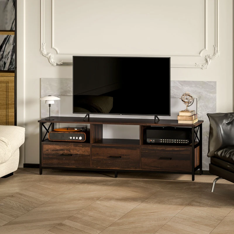HOMCOM Mobile TV Industriale con 3 Cassetti e 3 Ripiani Aperti, in Legno e Acciaio, 147x40x50 cm, Nero e Marrone