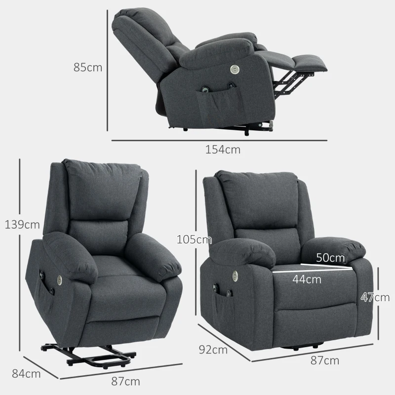 HOMCOM Fauteuil releveur électrique fonction massage et chauffage inclinaison réglable ports USB 87 x 92 x 105 cm gris