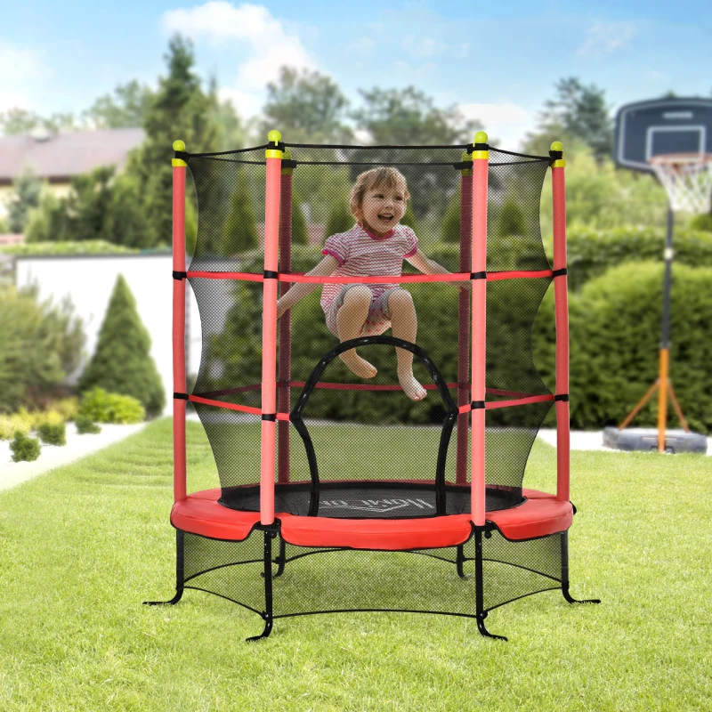 HOMCOM Trampoline Enfant Ø 1,63 × 1,63H m Filet de sécurité Porte zipée Couvre-Ressorts 6 poteaux rembourrés Inclus Rouge