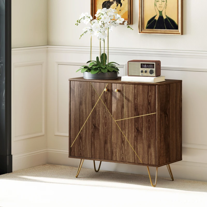HOMCOM Sideboard Storage Cabinet with Golden Lines, Modern Luxury Living Room Cabinet with Adjustable Shelf, Steel Harpin Legs, Brown