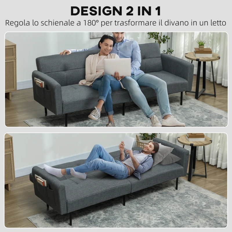 HOMCOM Divano Letto Clic Clac con Schienale Regolabile in Tessuto Effetto Lino, Legno e Acciaio, 200x77x72 cm, Grigio