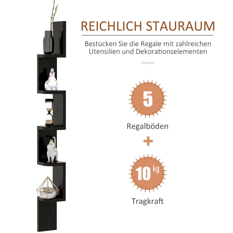 HOMCOM Wandregal Hängeregal Eckregal Zickzackregal Bücherregal Regal Schwarz 12 x 12 x 120 cm