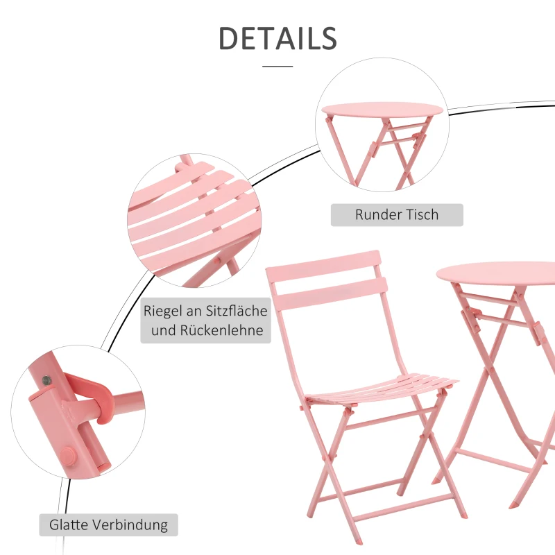 Outsunny Gartenset für 2 Personen Garnitur Balkonmöbel Set Bistrotisch mit 2 Stühlen  für Hof Garten klappbar Rosa