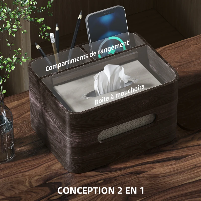 HOMCOM Organiseur de bureau rangement bureau multifonction avec 2 compartiments boîte à mouchoirs en bois marron