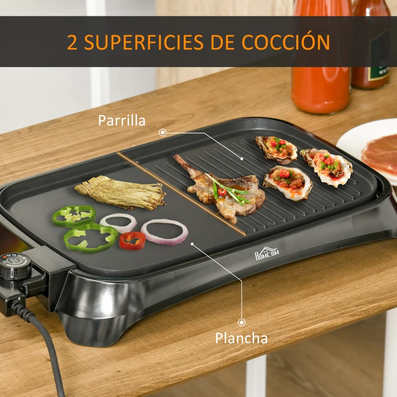 HOMCOM Plancha de Asar Eléctrica Cocina 1600W Aluminio con Temperatura Regulable Superficie de 40,6x25,2 cm Revestimiento Antiadherente y Bandeja de Goteo 53,5x31x8 cm Negro