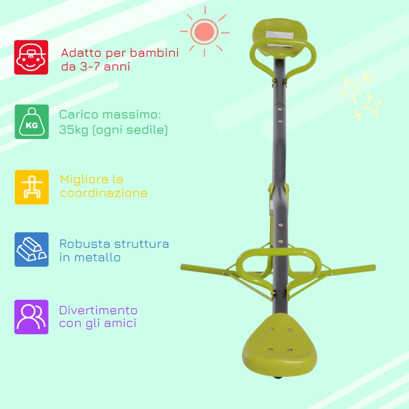 HOMCOM Altalena Basculante Girevole 360° per Bambini 3-7 anni da Giardino in Metallo, Sali e Scendi, Carico Massimo 35kg, 180x65x53 cm, Verde