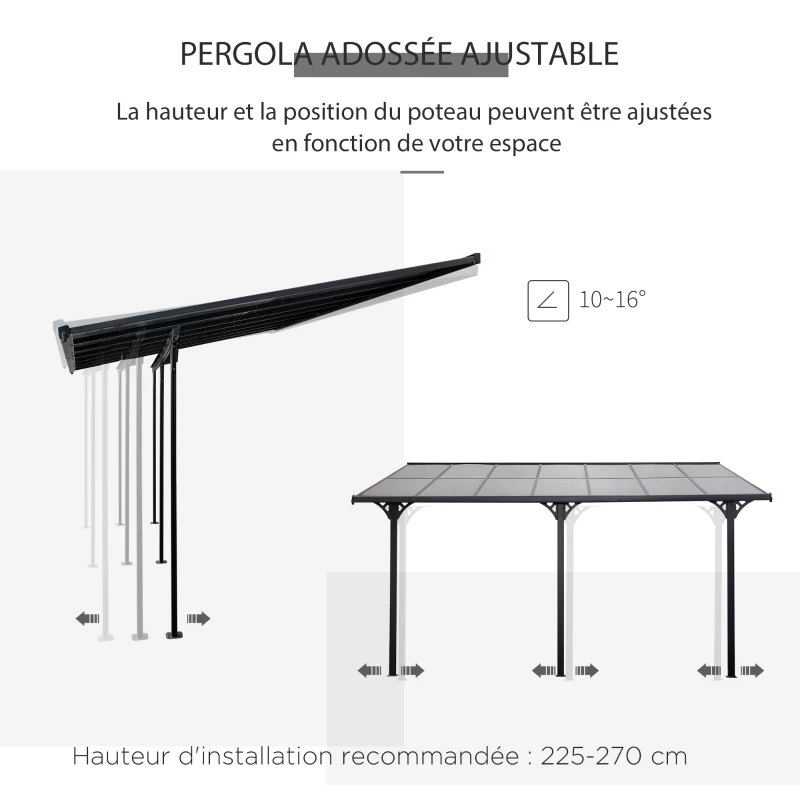 Outsunny Pergola adossée aluminium 4,5 x 3 m pergola jardin extérieur avec toit en polycarbonate résistant UV, gouttière intégrée, tonnelle de jardin pour terrasse patio véranda, gris