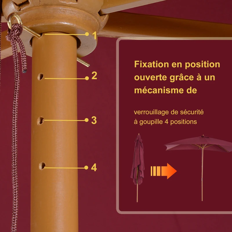 Outsunny Parasol Droit parasol de jardin rectangulaire double toit Bois Polyester Haute densité 3 x 2 m Rouge Bordeaux