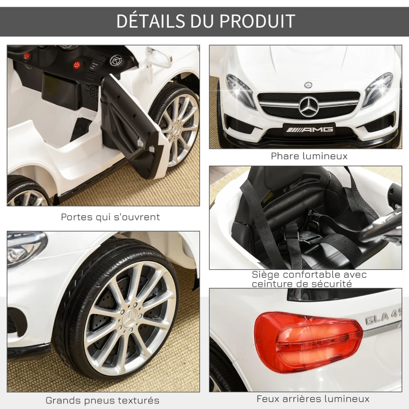 HOMCOM Voiture électrique Mercedes Benz GLA pour enfant de 3 ans avec télécommande, MP3 USB, lumières et sons, ouverture de portes, charge maxi 30 kg, dimensions 100 x 58 x 46 cm blanc