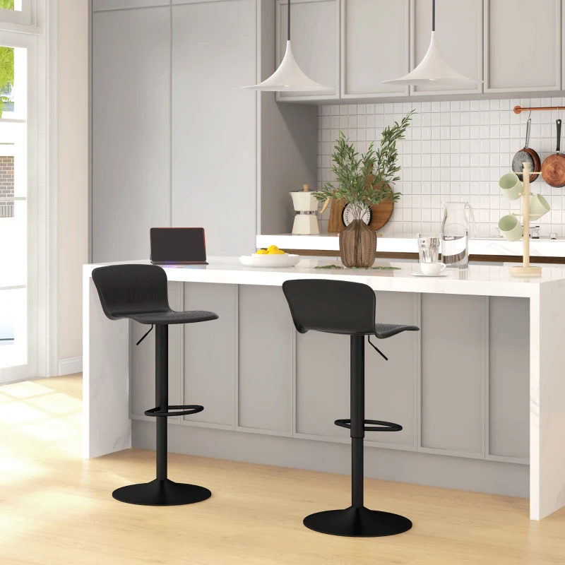 HOMCOM Conjunto de 2 Taburetes Altos de Cocina Giratorios con Respaldo y Altura Ajustable Carga 120 kg para Bar Salón Negro