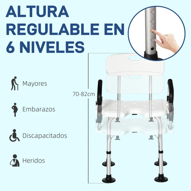 HOMCOM Silla para Ducha Taburete de Ducha Antideslizante con Altura Ajustable y Apoyabrazos Regulable Carga 136 kg