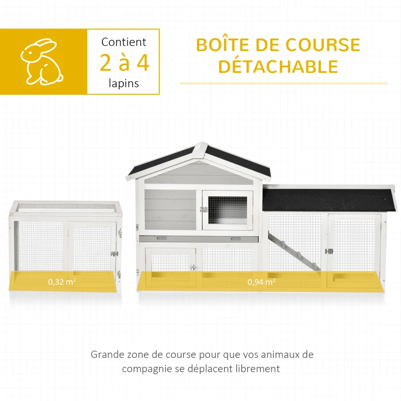 PawHut Clapier cage à Lapins rongeurs XXL 2 étages toit bitumé intégral plateau à déjection 227L x 53l x 85H cm bois massif sapin - gris et blanc