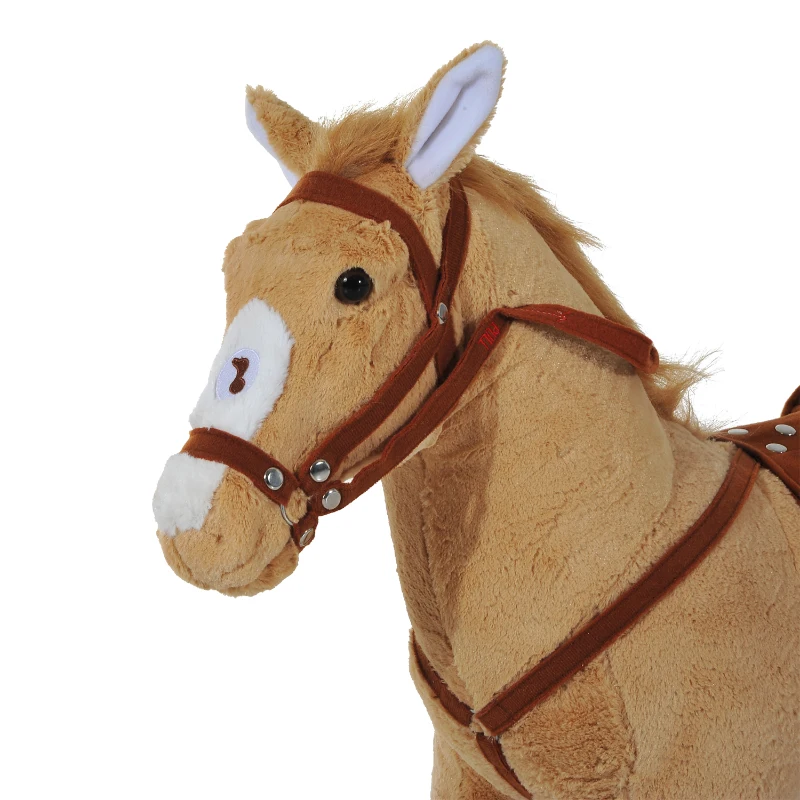 HOMCOM Reitpferd auf Rollen 60 cm Stehpferd mit Sattel, Zaumzeug Steigbügel Sound Spielpferd zum Reiten Draufsitzen Schaukeltier für Kinder ab 2 Jahre, Schaukelpferd Plüschpferd Indoor Outdoor Beige