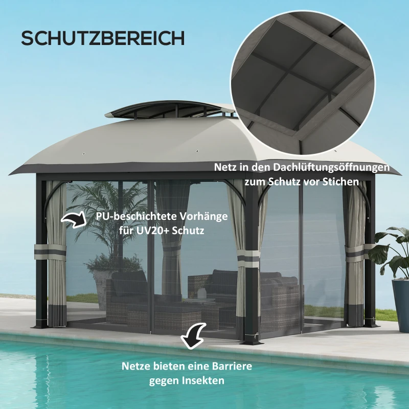 Outsunny Pawilon Ogrodowy, 3,3 x 4 m Namiot z Siatkowymi Zasłonami, Dwupoziomowy Dach, Pokrycie Skórą Ekologiczną, Metalowa Rama, Jasnoszary