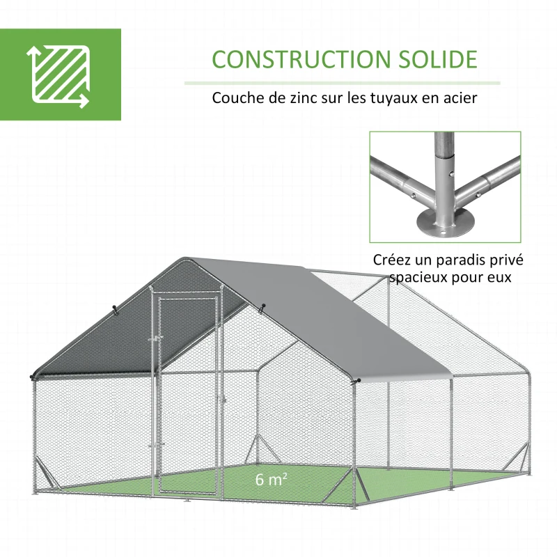 PawHut Enclos poulailler chenil volière extérieur 12 m² - Parc grillagé dim. 3L x 4l x 2H m - Espace Couvert - Acier galvanisé