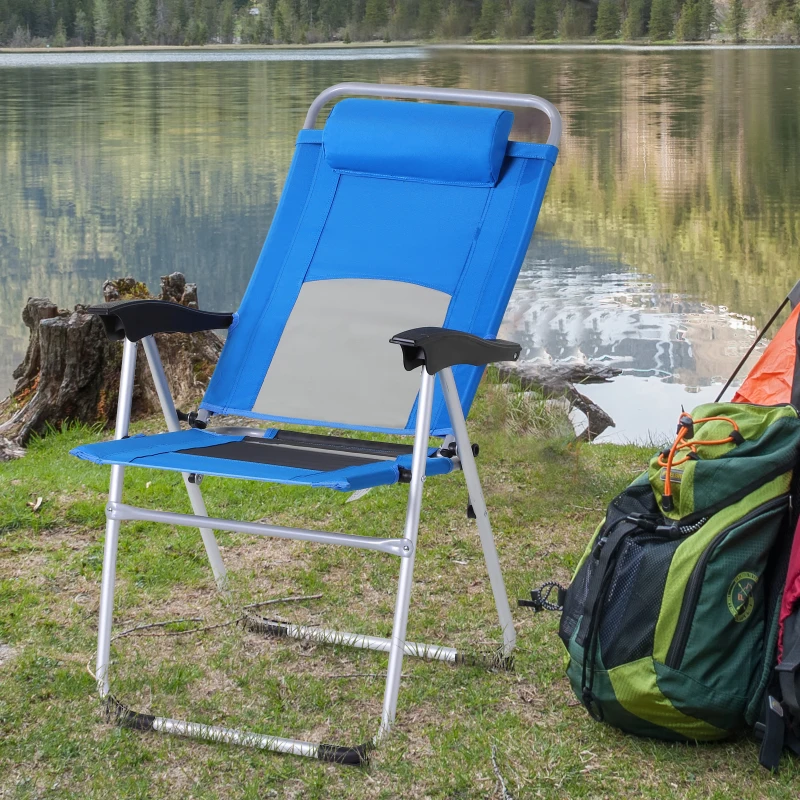 Outsunny Folding Camping Chair, Patio Armchair, 3-Position Adjustable Recliner Reclining Seat with Pillow for Outdoor Garden - Blue