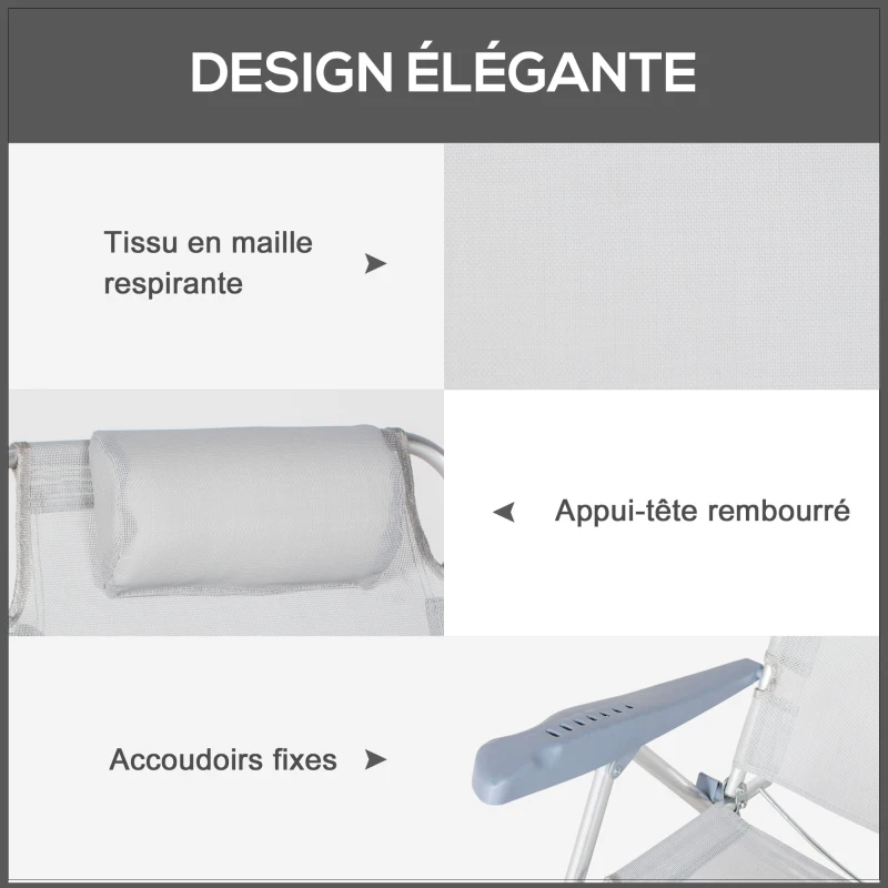 Outsunny Lot de 2 chaises de jardin pliantes chaise de pêche portable chaise de camping appui-tête dossier inclinable à 6 niveaux