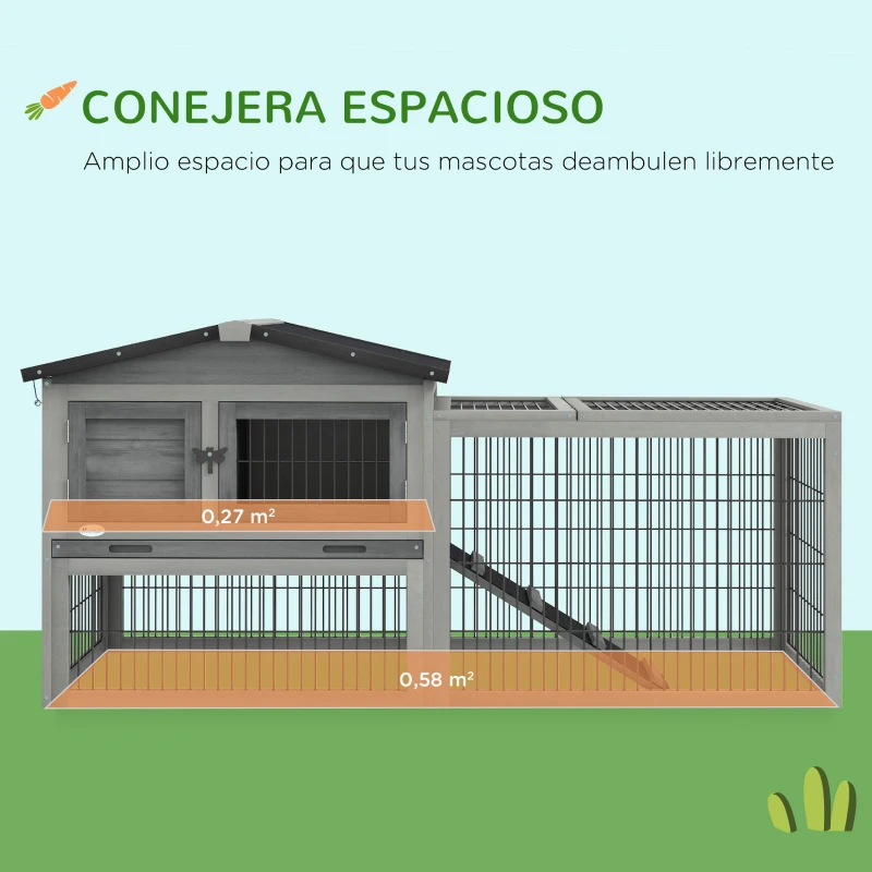 PawHut Conejera Exterior de Madera 150x52x68 cm Jaula para Conejos Grande con Techo Abatible Bandeja Extraíble y Rampa Gris(m-4)