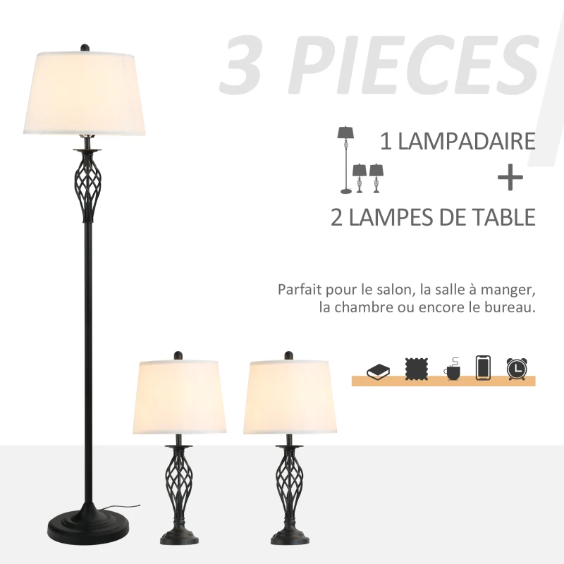 HOMCOM Lot de 3 luminaires design contemporain - lampadaire sur pied + 2 lampes de tables - métal noir polyester coton blanc