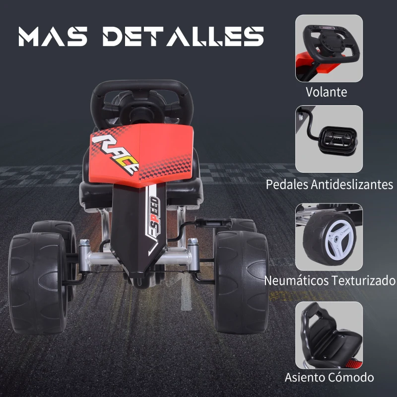 HOMCOM Coche de Pedales Go Kart con Asiento Ajustable Carga 30kg Go Kart Racing Deportivo para Niños 3 Años Juguete Exterior 80x49x50cm Acero