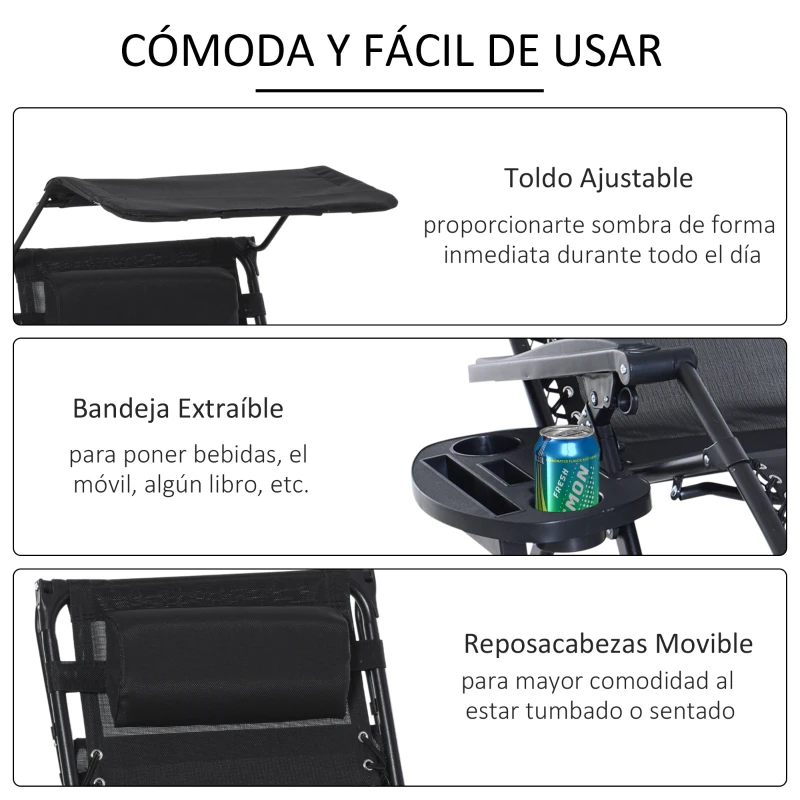 Outsunny Silla Mecedora de Jardín Plegable Tumbona Reclinable con Techo Protección Solar Reposacabezas Extraíble y Reposapiés Estructura de Acero 120x67x102 cm Negro