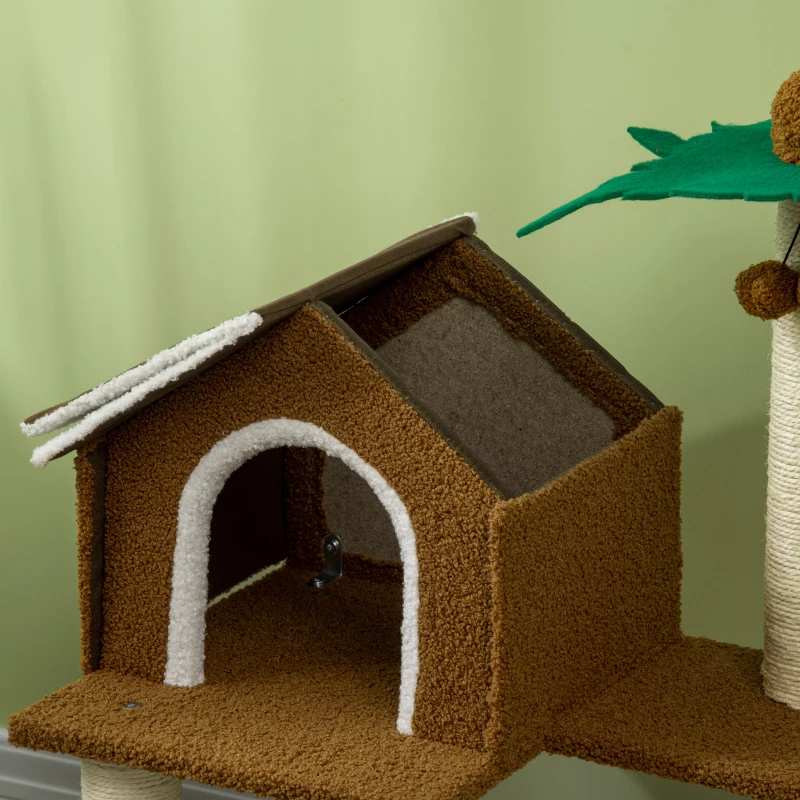 PawHut Árbol Rascador para Gatos con Caseta Plataformas Poste en Forma de Palmera y Bolas Colgantes 55x40x89 cm Marrón