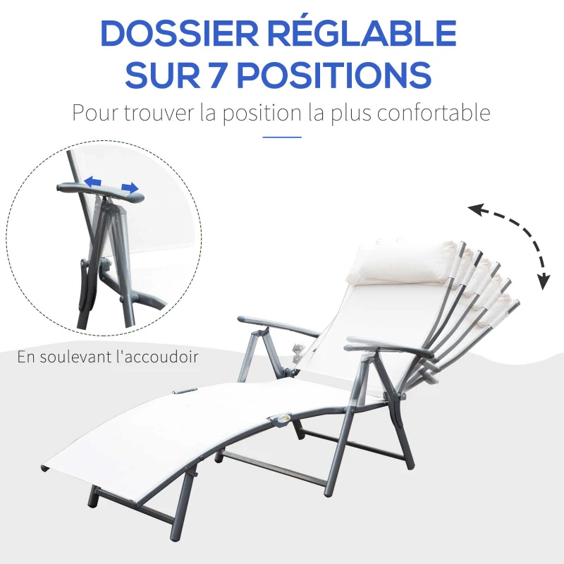 Outsunny transat Chaise Longue Bain de Soleil Pliable Dossier inclinable Multi-Positions têtière fournie 137L x 64l x 101H cm métal époxy textilène Beige